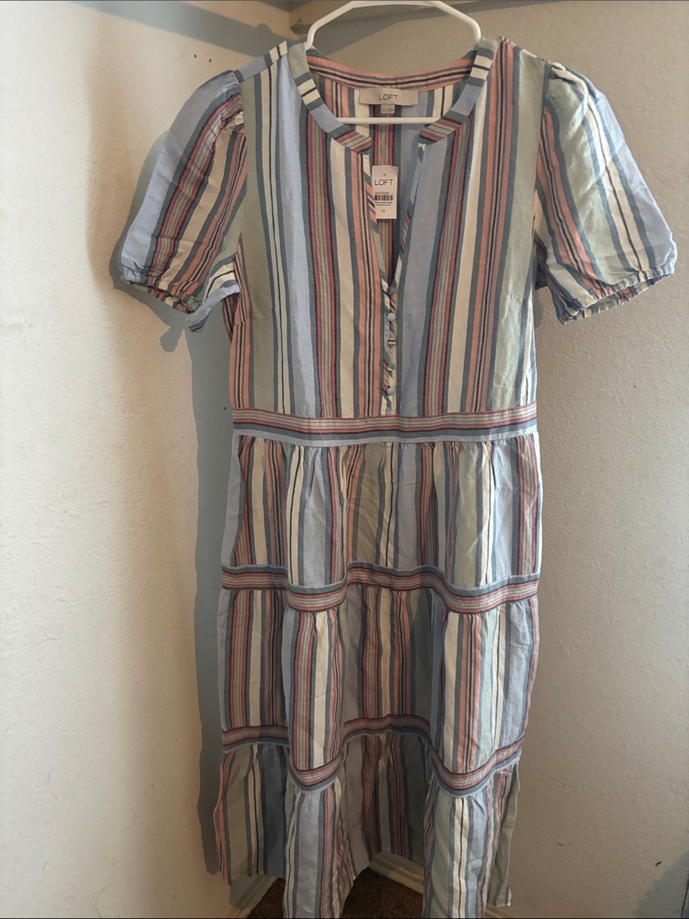 LOFT Striped Tiered Maxi Dress in Light Blue, Pink, Cream